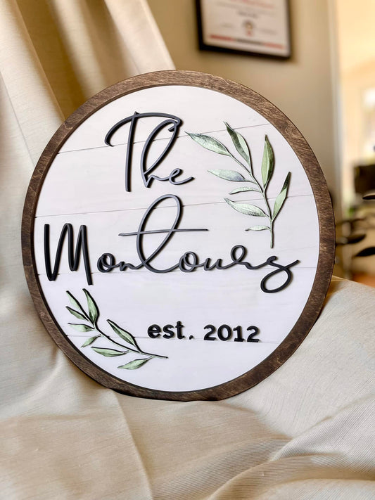 Custom Round Family Name Sign - Personalized Wooden Name Sign with Established Date & Foliage Accent