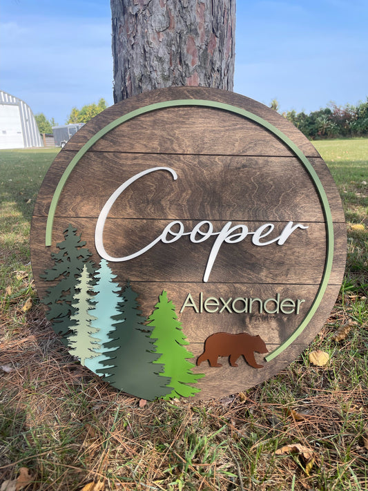 24" XL Custom Wooden Nursery Sign with Forest and Bear Design | Personalized Name Sign