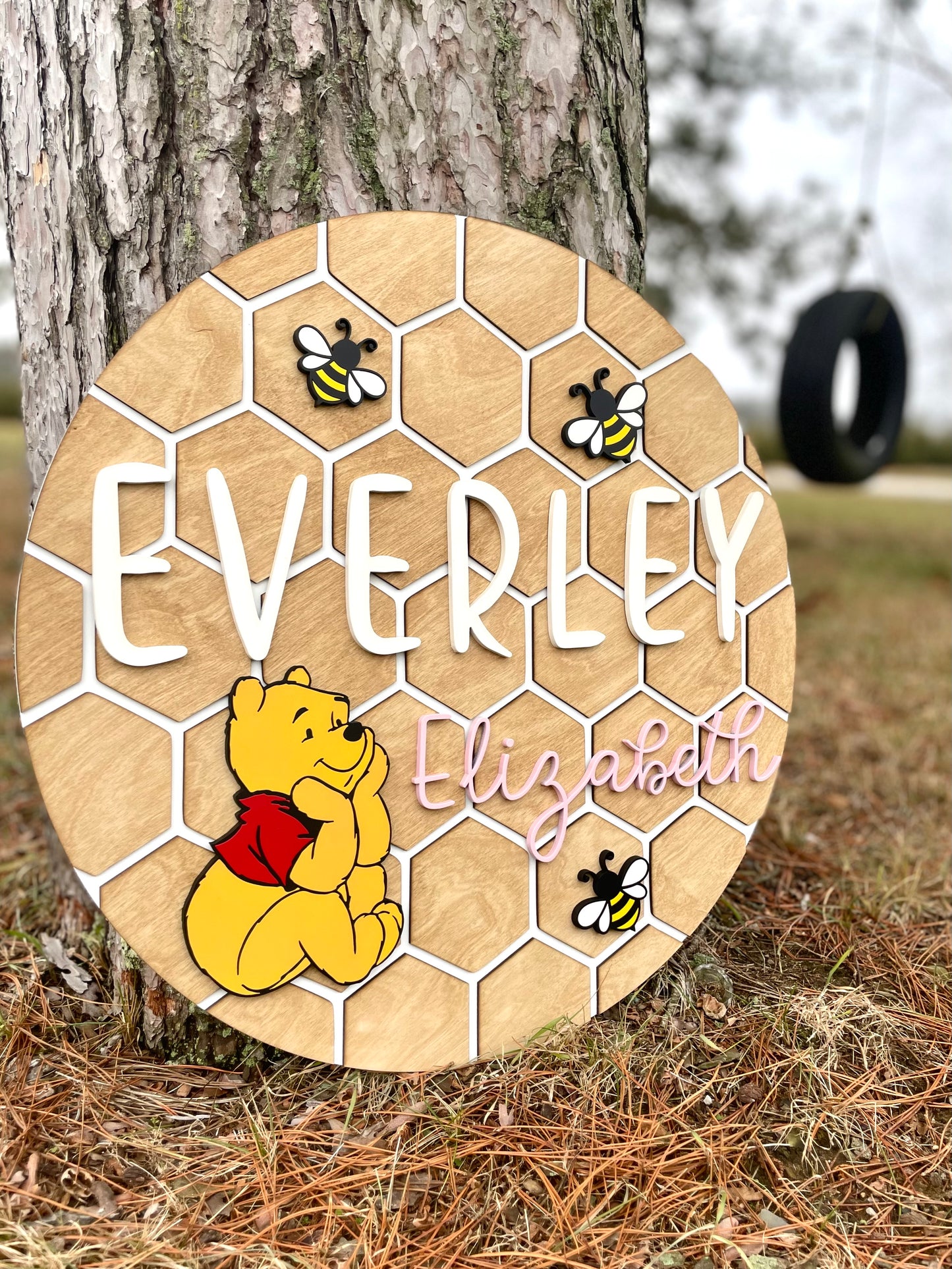 Personalized Winnie-Themed Honeycomb Nursery Sign with 3D Details