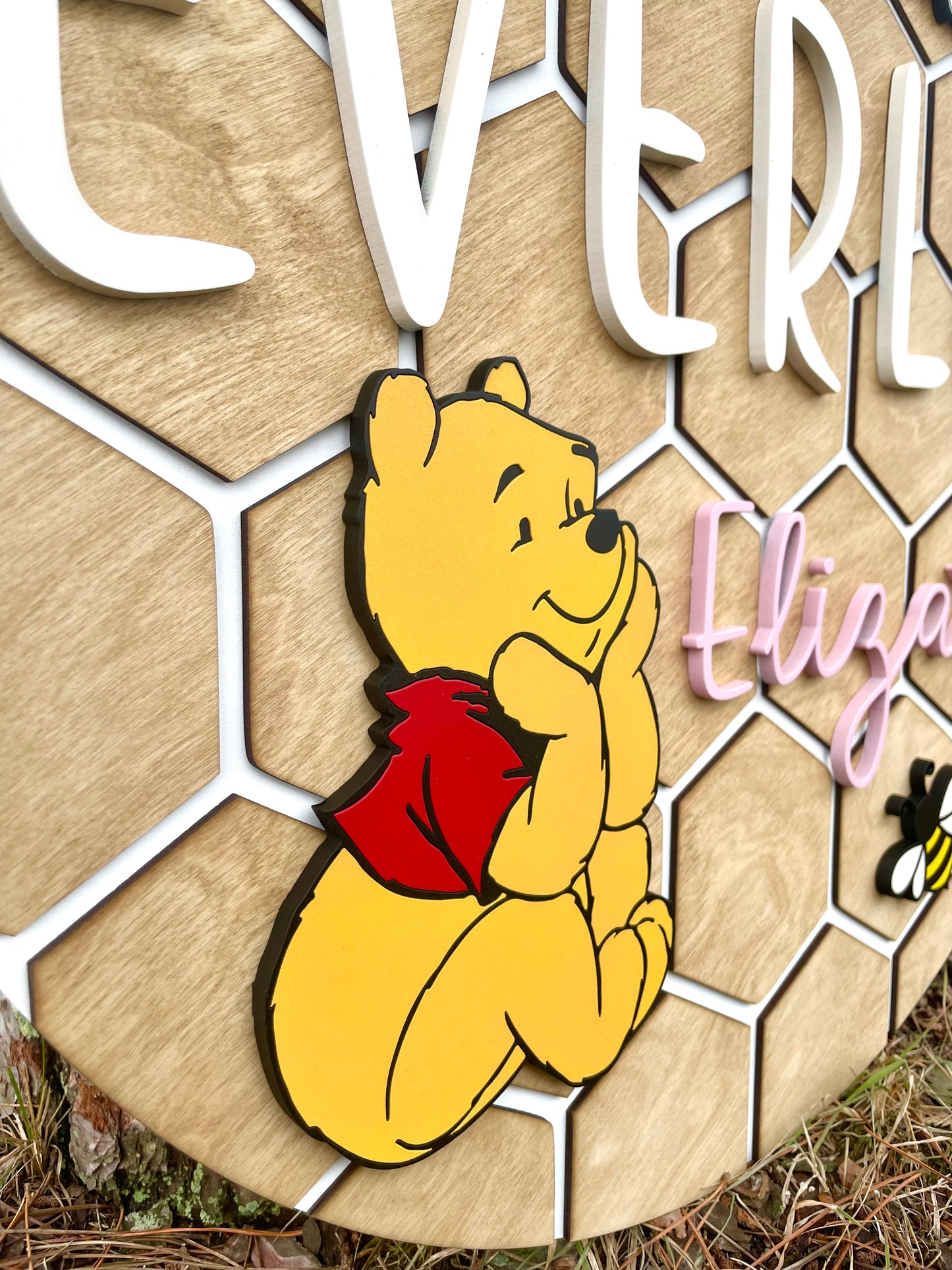 Personalized Winnie-Themed Honeycomb Nursery Sign with 3D Details